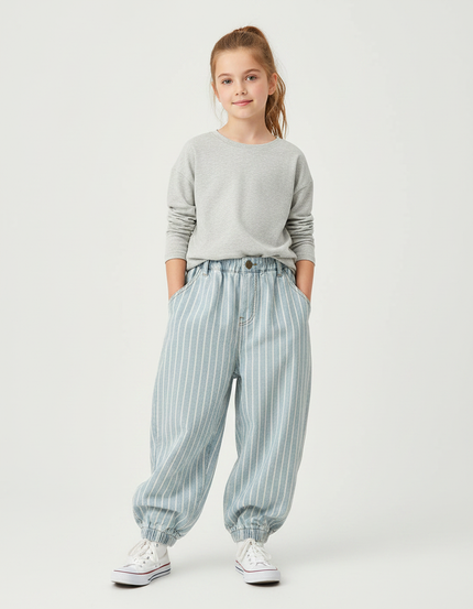 Pantalon Parachute Rayé Bleu Ciel Ample Décontracté - Jean
