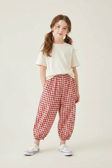 Pantalon Parachute Vichy Rouge Ample Coton Fille