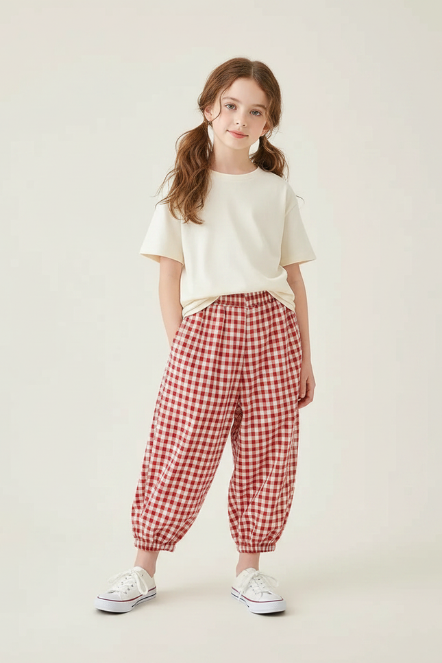 Pantalon Parachute Vichy Rouge Ample Coton Fille