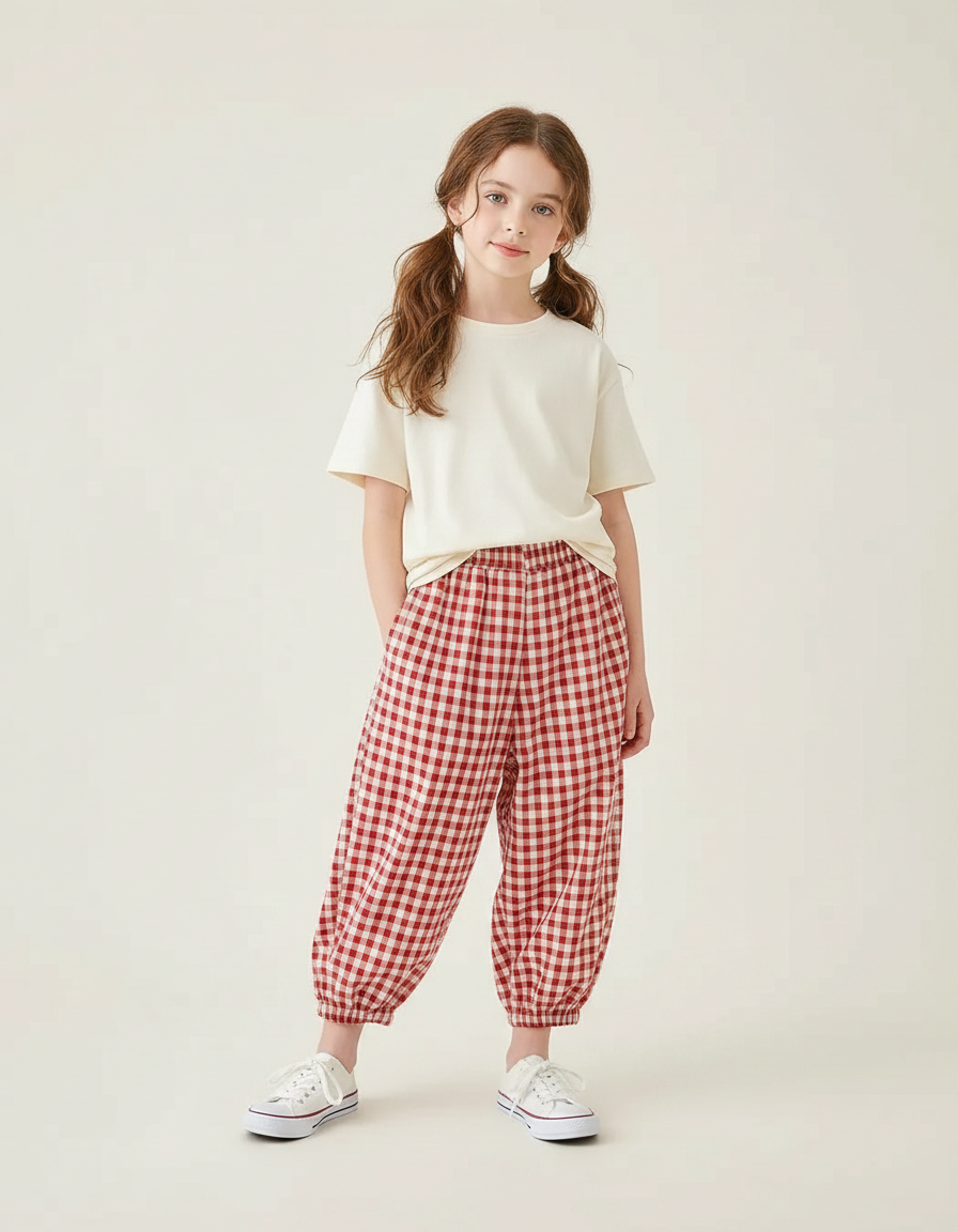 Pantalon Parachute Vichy Rouge Ample Coton Fille
