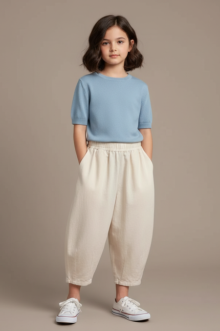 Pantalon Parachute Beige Ample Coton Élastiqué Enfant