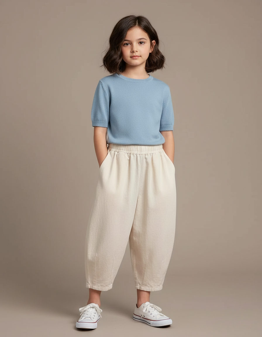 Pantalon Parachute Beige Ample Coton Élastiqué Enfant