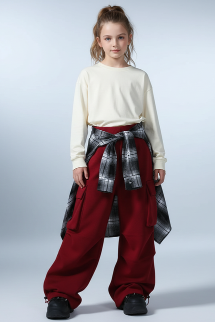 Pantalon Parachute Rouge Cargo Ample Décontracté Enfant - Bordeaux Molleton