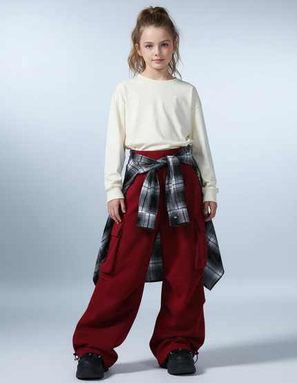 Pantalon Parachute Rouge Cargo Ample Décontracté Enfant - Bordeaux Molleton