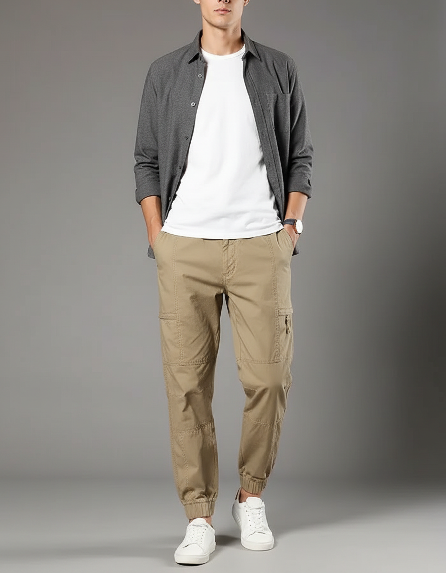 Pantalon Parachute Beige Cargo Coton Ample Homme
