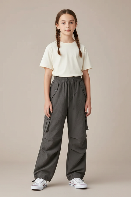 Pantalon Parachute Gris Cargo Ample Décontracté Enfant - Polyester