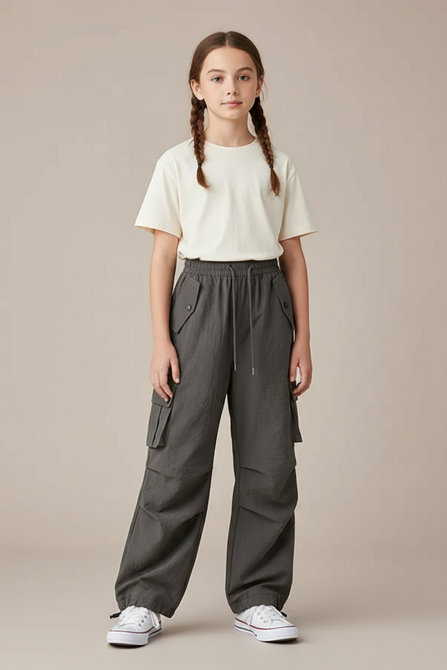 Pantalon Parachute Gris Cargo Ample Décontracté Enfant - Polyester