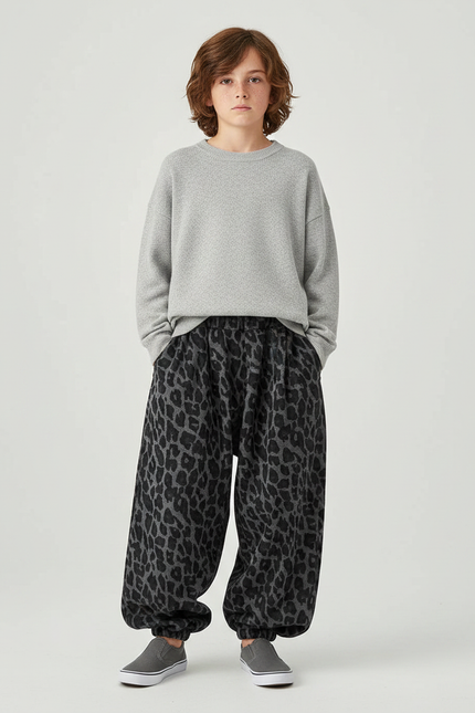 Pantalon Parachute Léopard Gris Ample Enfant Molletonné - Imprimé