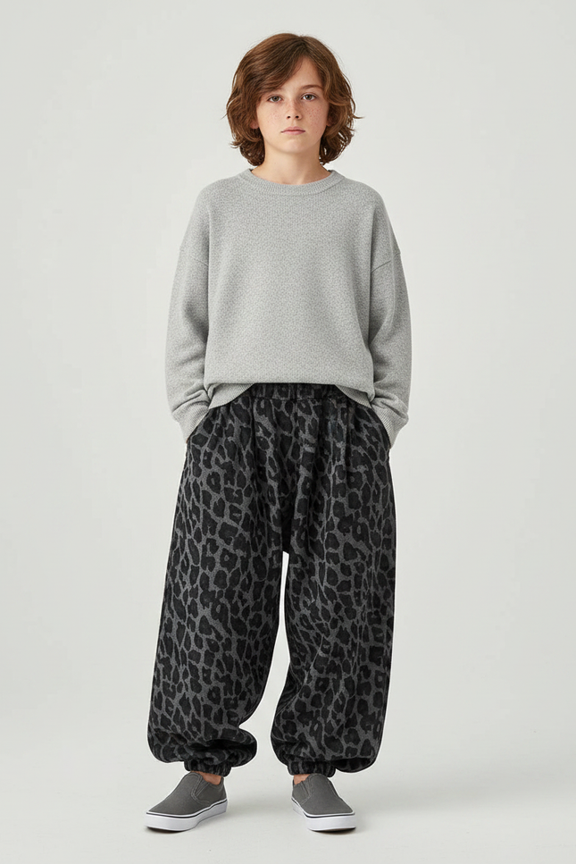 Pantalon Parachute Léopard Gris Ample Enfant Molletonné - Imprimé