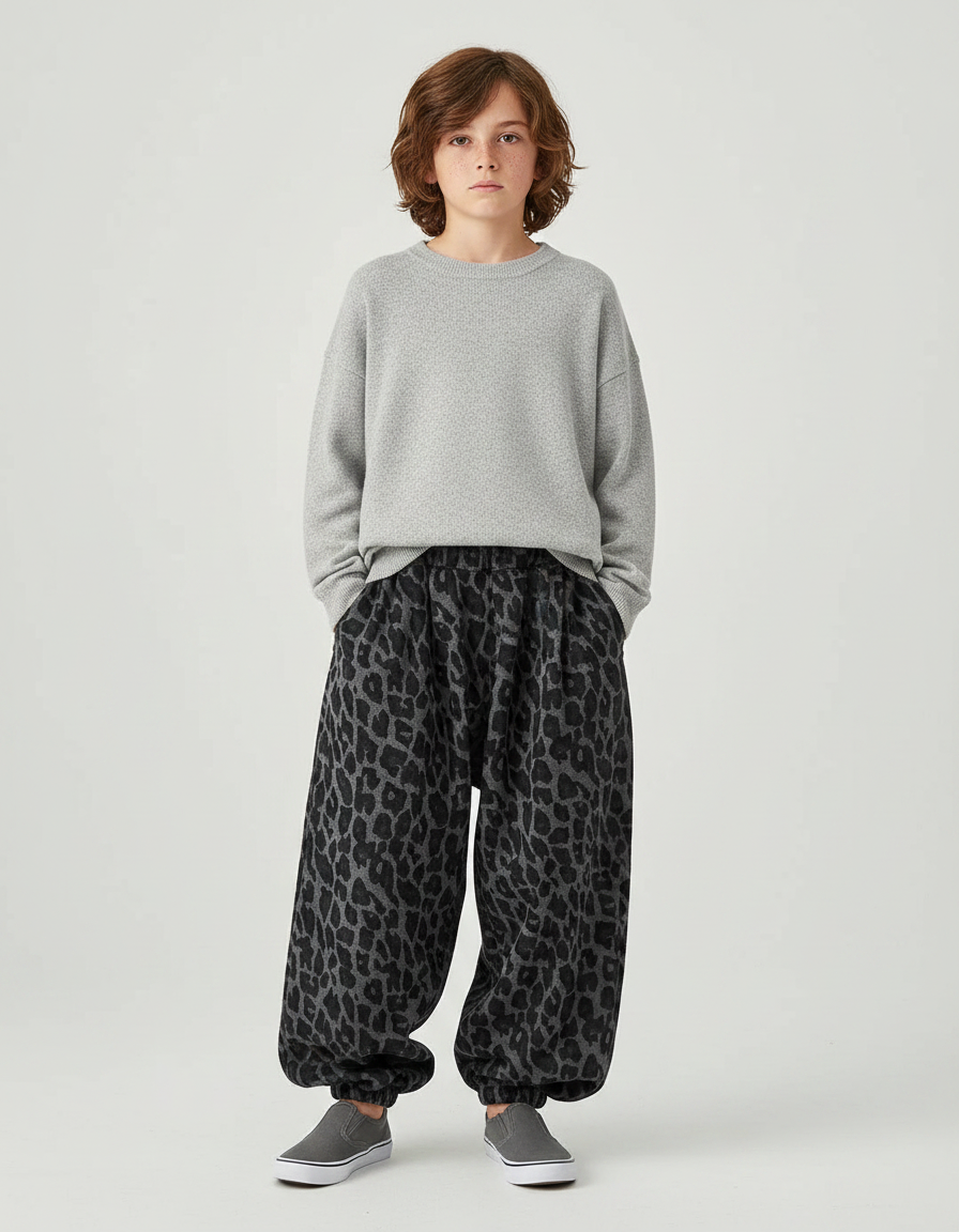 Pantalon Parachute Léopard Gris Ample Enfant Molletonné - Imprimé