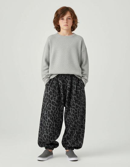 Pantalon Parachute Léopard Gris Ample Enfant Molletonné - Imprimé