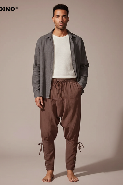 Pantalon Parachute Marron Coton Ample Lacets Homme