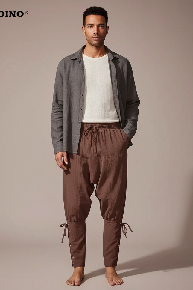 Pantalon Parachute Marron Coton Ample Lacets Homme