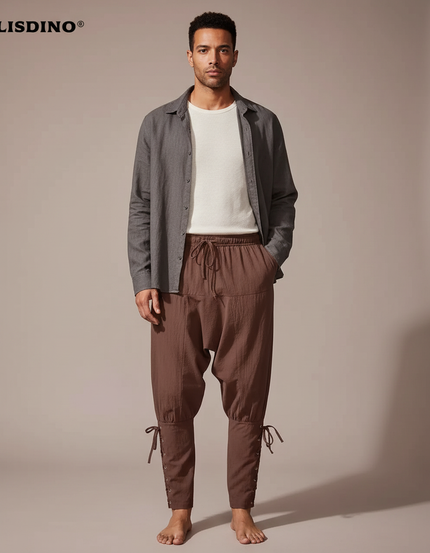 Pantalon Parachute Marron Coton Ample Lacets Homme