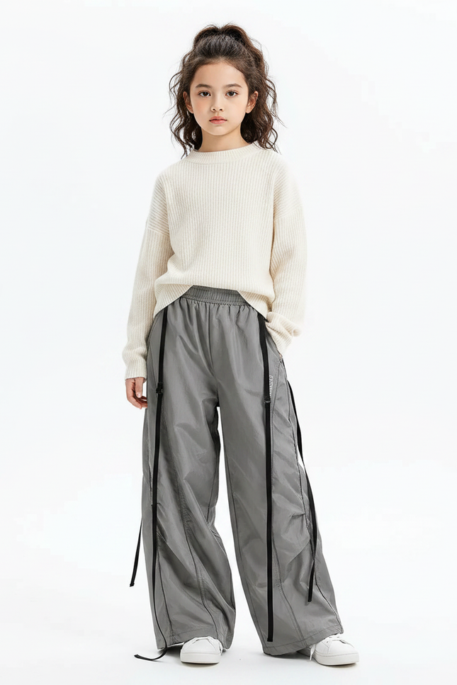 Pantalon Parachute Gris Ample Nylon Détails Noirs - Polyester