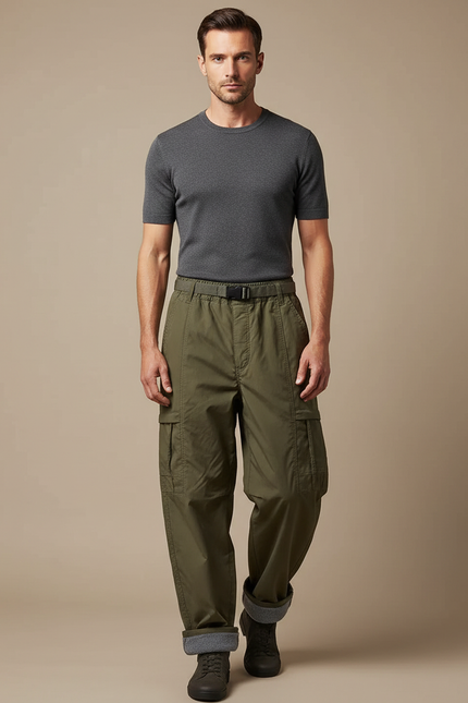 Pantalon Parachute Kaki Cargo Doublé Homme - Toile