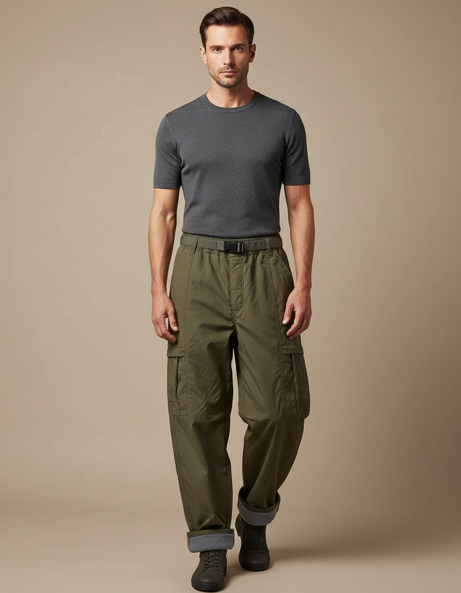 Pantalon Parachute Kaki Cargo Doublé Homme - Toile