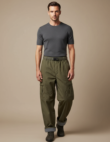 Pantalon Parachute Kaki Cargo Doublé Homme - Toile
