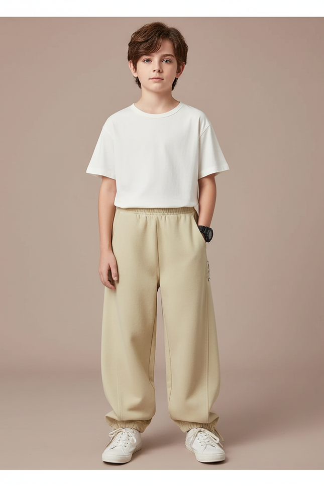 Pantalon Parachute Beige Ample Sportif Garçon Confortable - Molleton