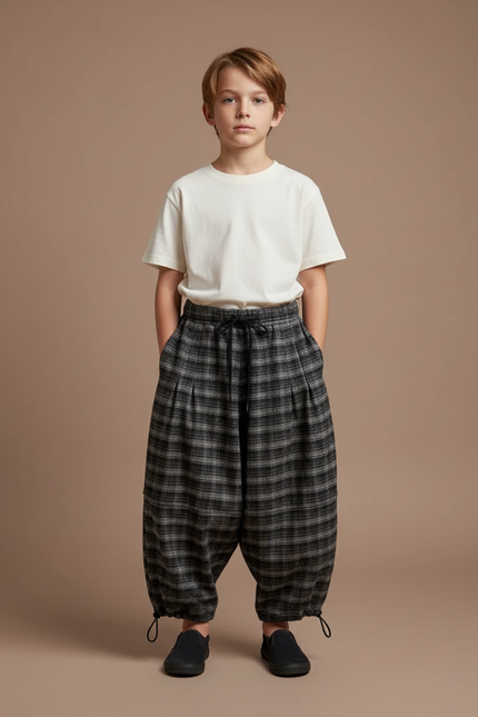 Pantalon Parachute Plaid Hiver Ample Garçon Chaud - Gris Tweed