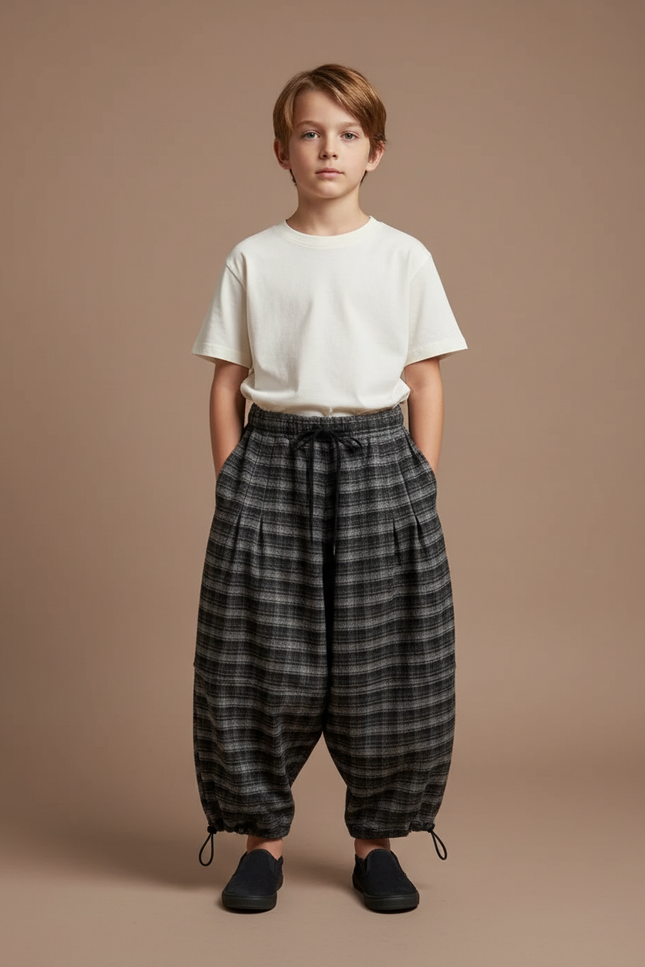 Pantalon Parachute Plaid Hiver Ample Garçon Chaud - Gris Tweed