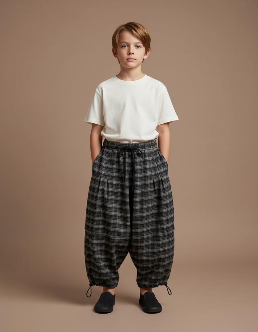 Pantalon Parachute Plaid Hiver Ample Garçon Chaud - Gris Tweed