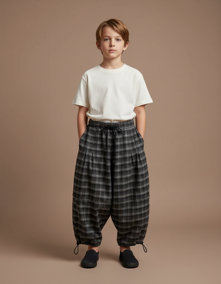 Pantalon Parachute Plaid Hiver Ample Garçon Chaud - Gris Tweed