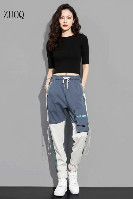 Pantalon Parachute Bicolore Cargo Streetwear Femme Décontracté - Multicolore Polyester