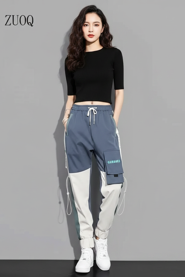 Pantalon Parachute Bicolore Cargo Streetwear Femme Décontracté - Multicolore Polyester