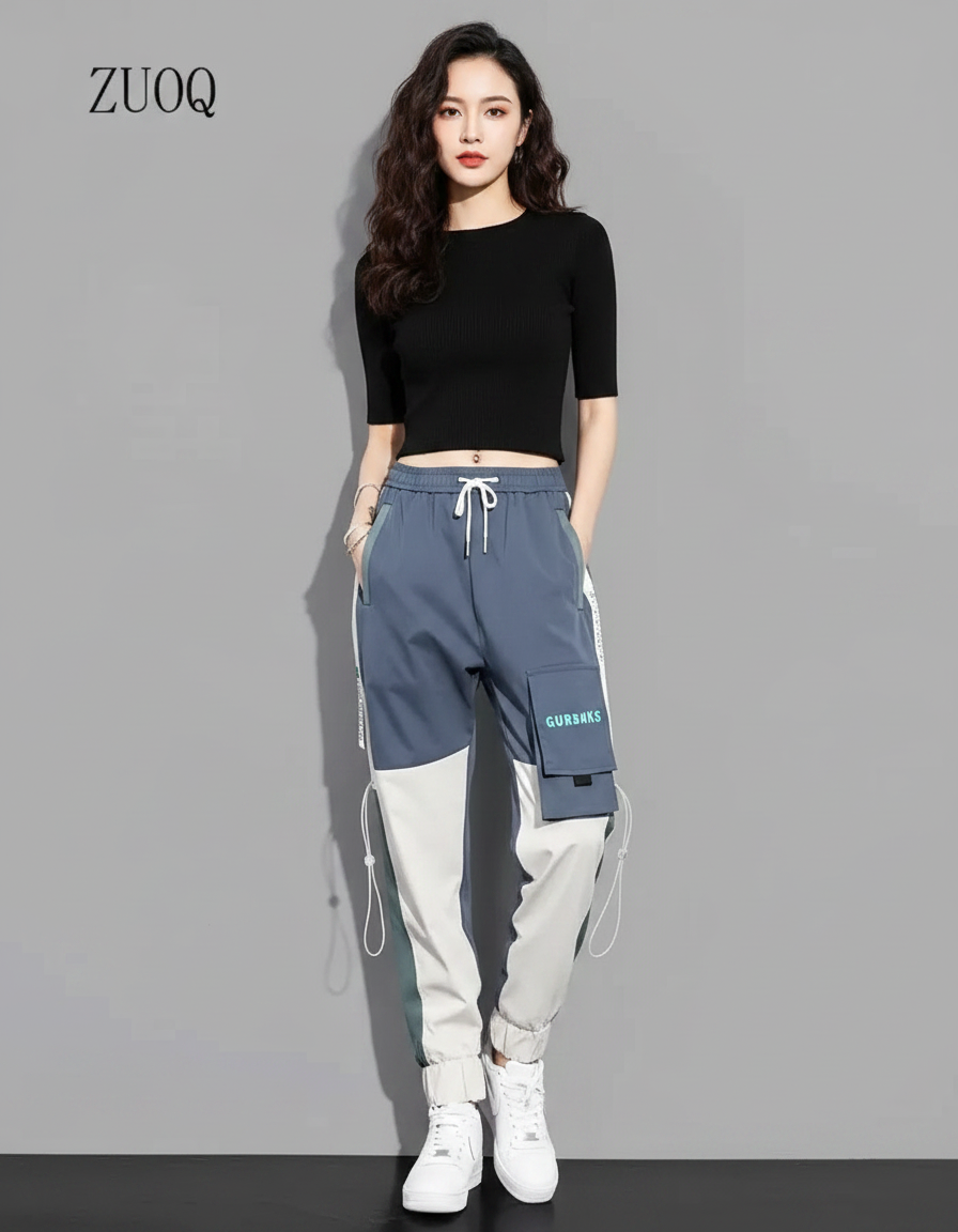 Pantalon Parachute Bicolore Cargo Streetwear Femme Décontracté - Multicolore Polyester
