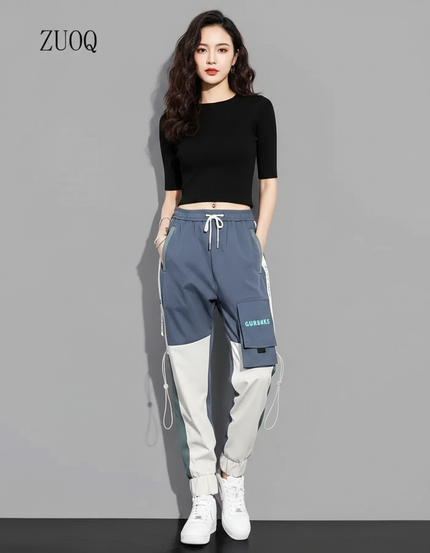Pantalon Parachute Bicolore Cargo Streetwear Femme Décontracté - Multicolore Polyester