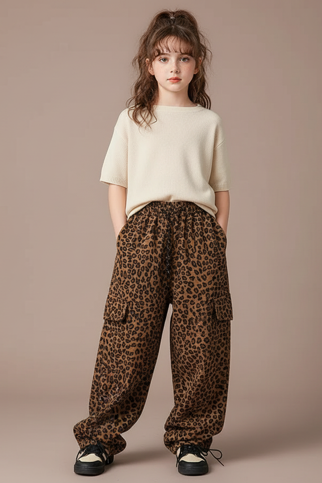 Pantalon Parachute Léopard Ample Cargo Fille Tendance - Imprimé Molleton