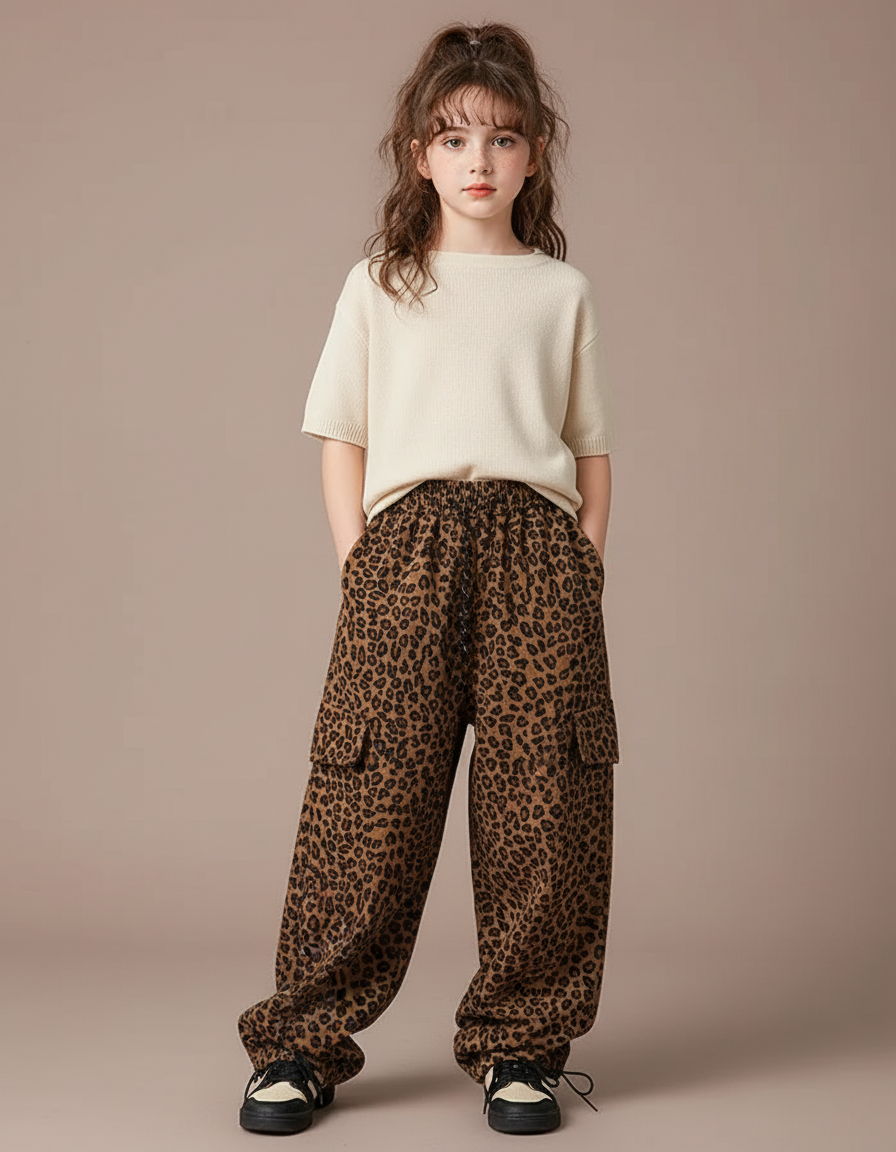 Pantalon Parachute Léopard Ample Cargo Fille Tendance - Imprimé Molleton