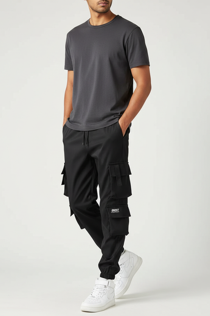 Pantalon Parachute Noir Cargo Multipoches Homme Jogger - Polyester