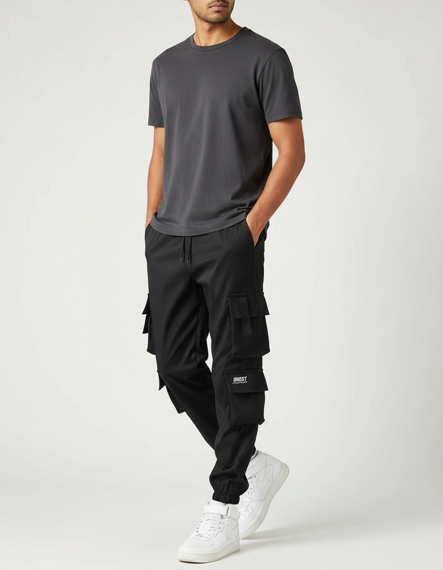 Pantalon Parachute Noir Cargo Multipoches Homme Jogger - Polyester