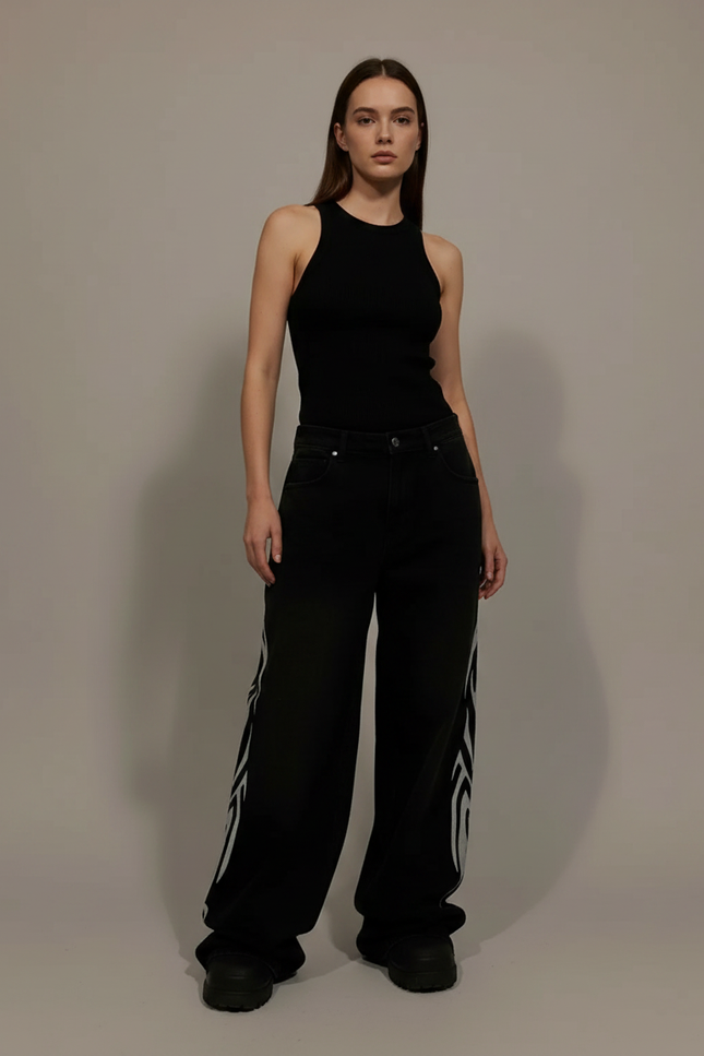 Pantalon Parachute Noir Imprimé Tribal Ample Streetwear - Molleton