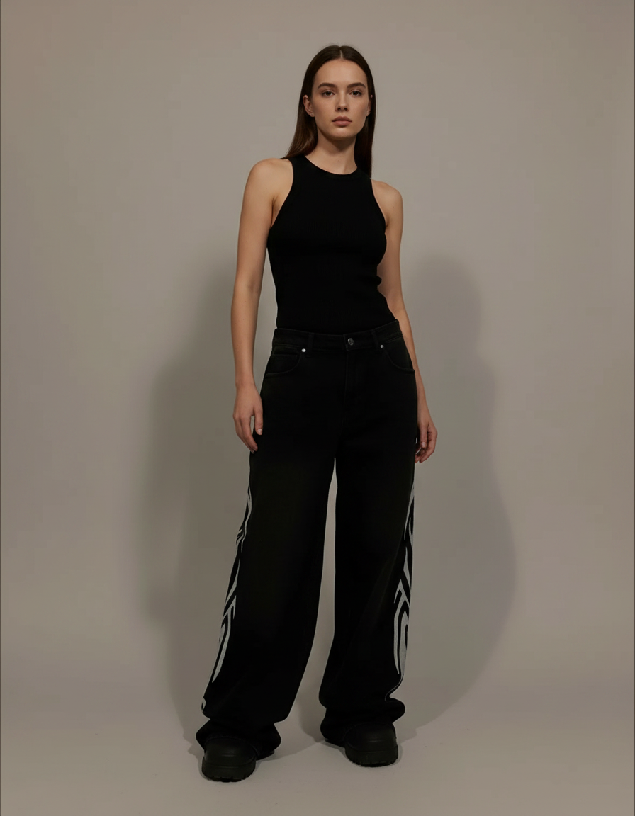 Pantalon Parachute Noir Imprimé Tribal Ample Streetwear - Molleton