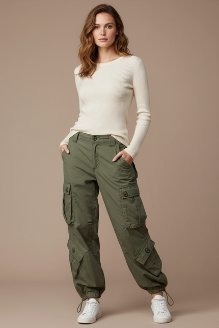 Pantalon Parachute Vert Ample Cargo Casual Femme - Kaki Gabardine