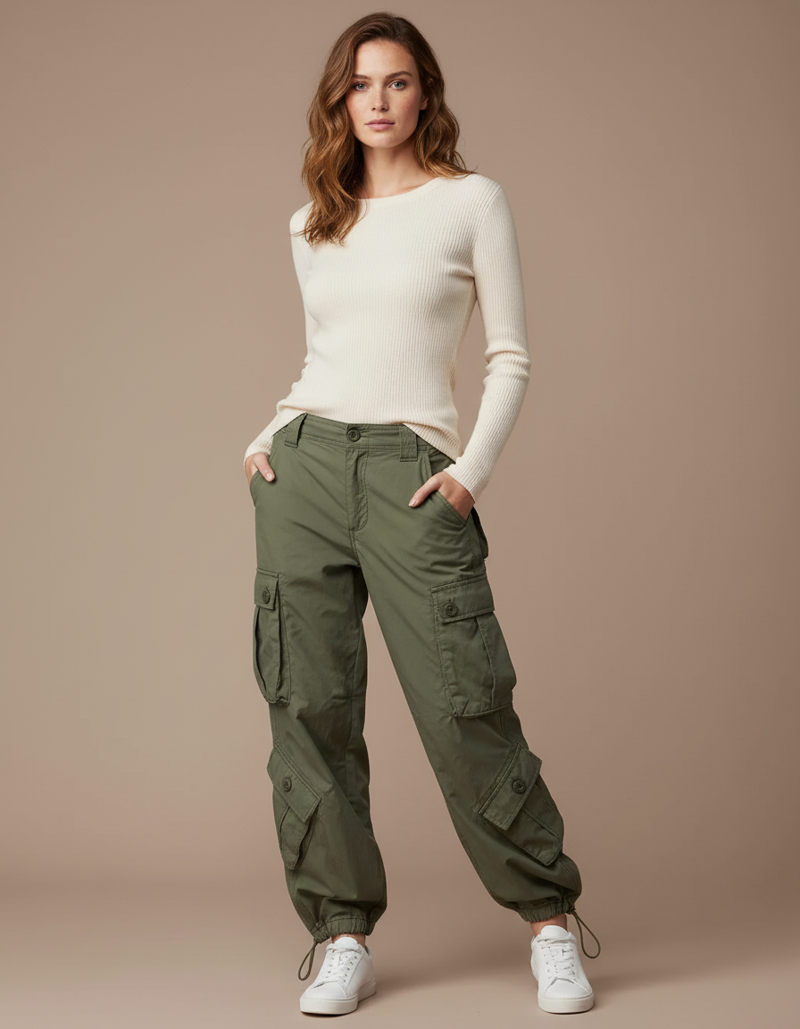Pantalon Parachute Vert Ample Cargo Casual Femme - Kaki Gabardine