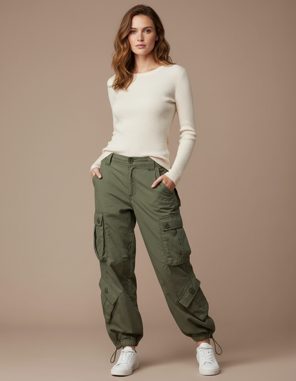 Pantalon Parachute Vert Ample Cargo Casual Femme - Kaki Gabardine
