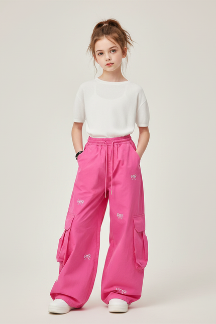 Pantalon Parachute Rose Fille Ample Brodé Cargo - Coton