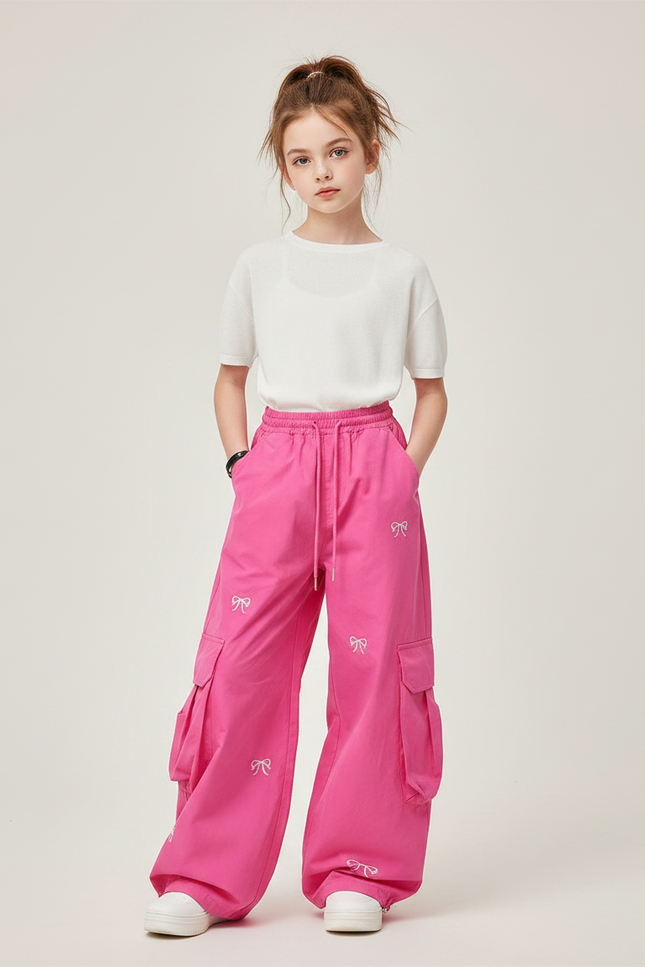 Pantalon Parachute Rose Fille Ample Brodé Cargo - Coton