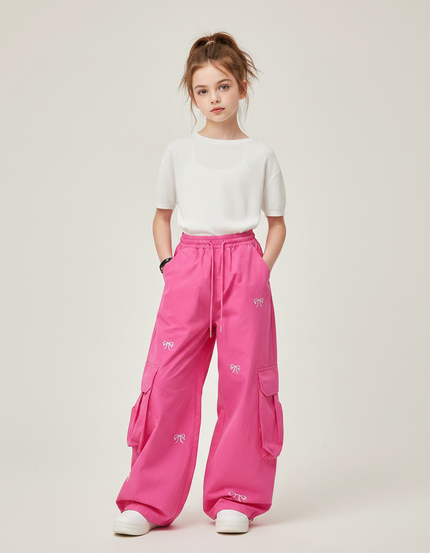 Pantalon Parachute Rose Fille Ample Brodé Cargo - Coton