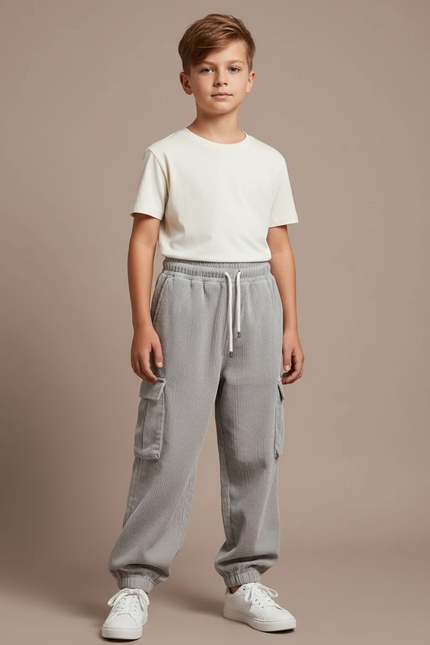Pantalon Parachute Gris Côtelé Ample Cargo Enfant - Cordé