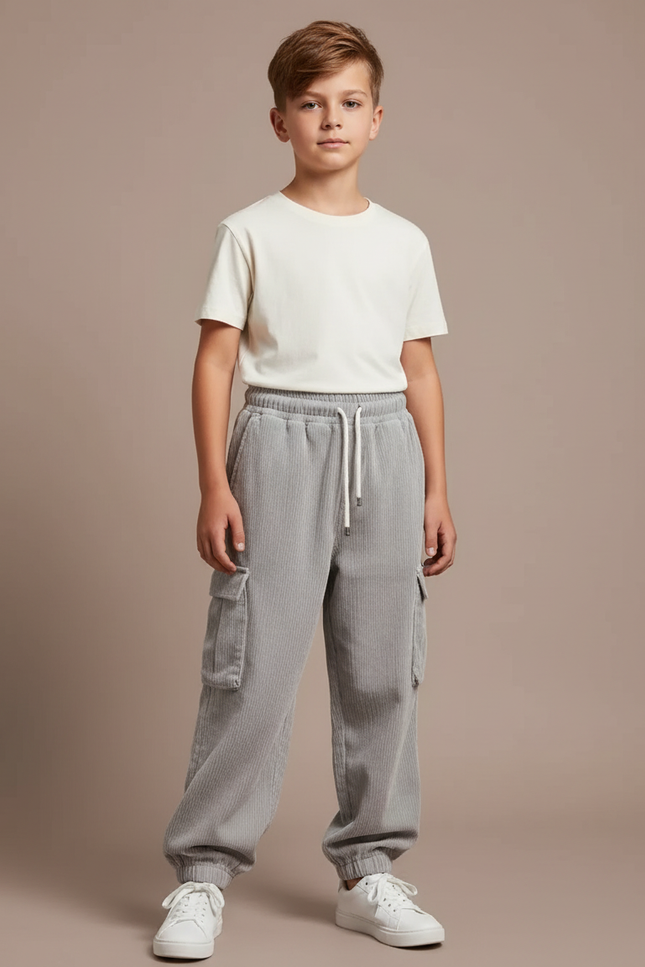 Pantalon Parachute Gris Côtelé Ample Cargo Enfant - Cordé
