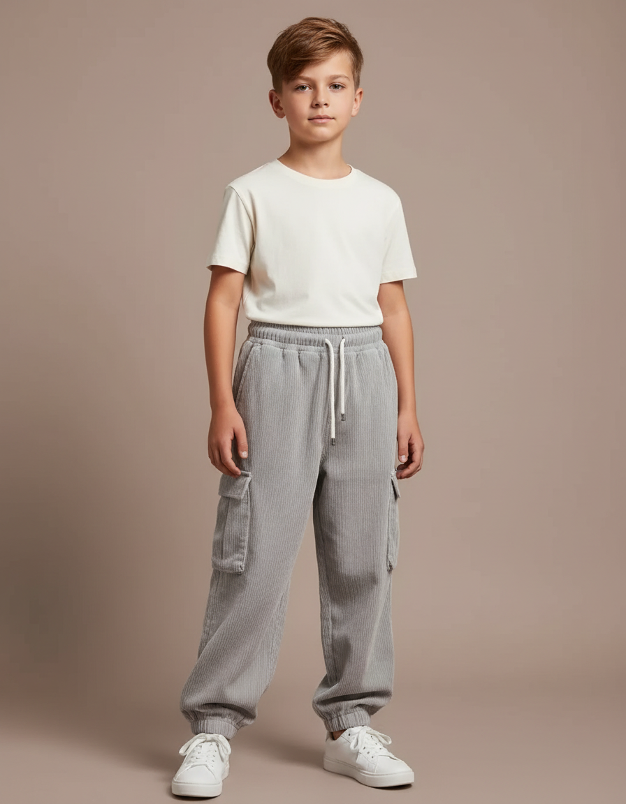 Pantalon Parachute Gris Côtelé Ample Cargo Enfant - Cordé