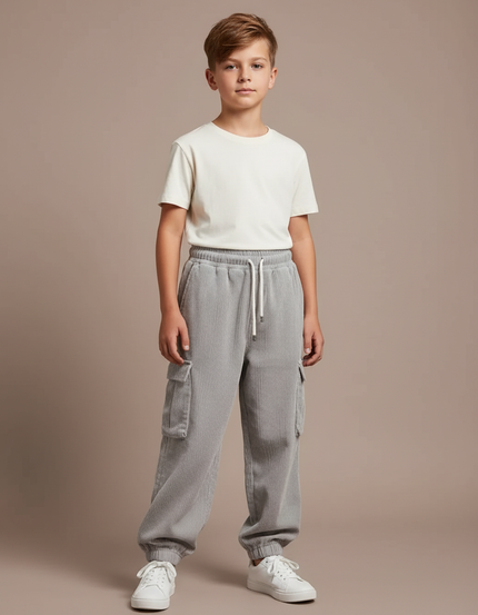 Pantalon Parachute Gris Côtelé Ample Cargo Enfant - Cordé