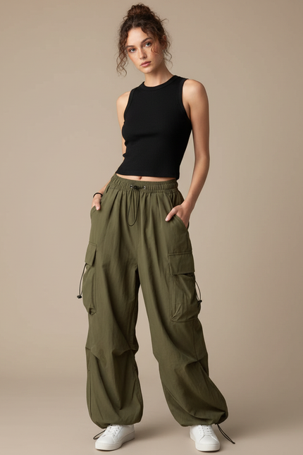Pantalon Parachute Vert Ample Cargo Femme - Kaki Polyester