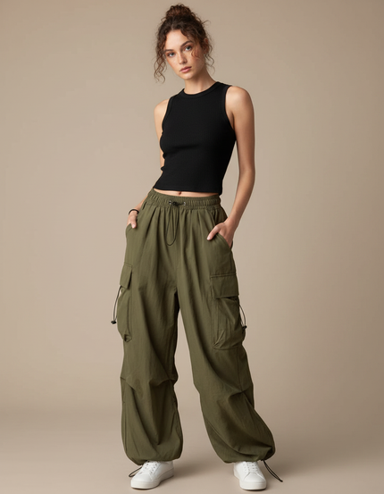 Pantalon Parachute Vert Ample Cargo Femme - Kaki Polyester