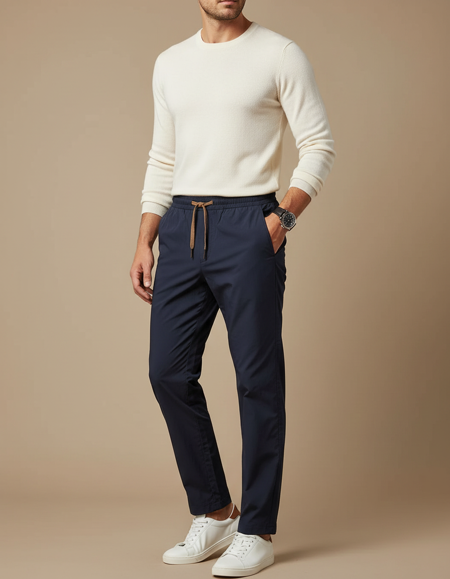 Pantalon Parachute Bleu Marine Droit Cordon Décontracté - Polyester